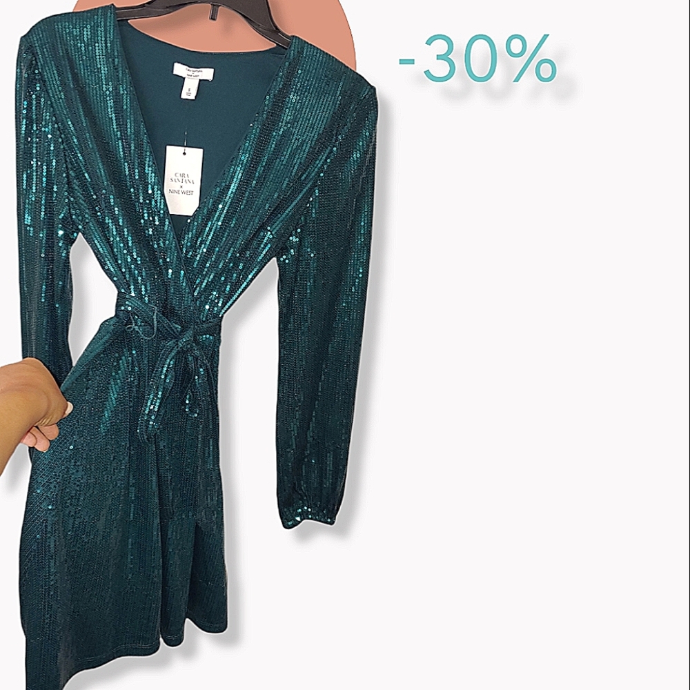 Emerald Sequin Long Sleeve Dress Cara Santana x Nine West - Small w/ belt